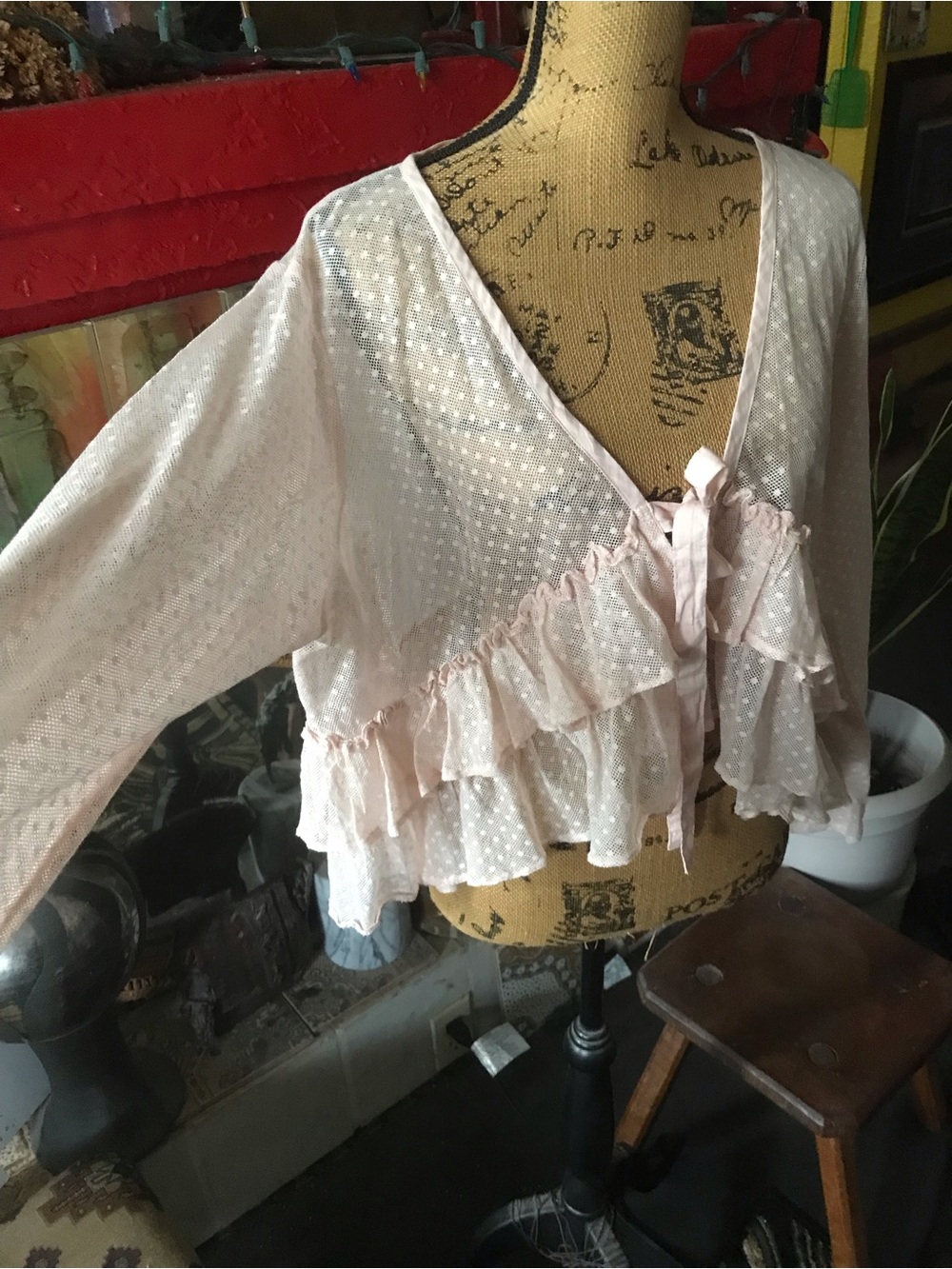 Heart’s Desire by Mary Grace Sheer Blush Pink Ruffled Tie-Front top - Picture 12 of 14